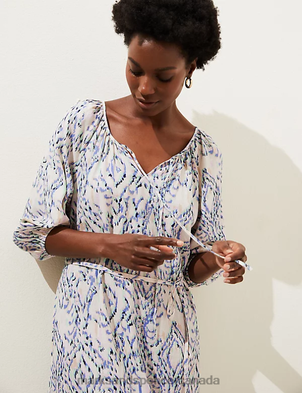 Marks and Spencer near me - Women Multi Clothing Marks & Spencer Linen Blend Printed Tie Neck Midi Dress 20VTD1447