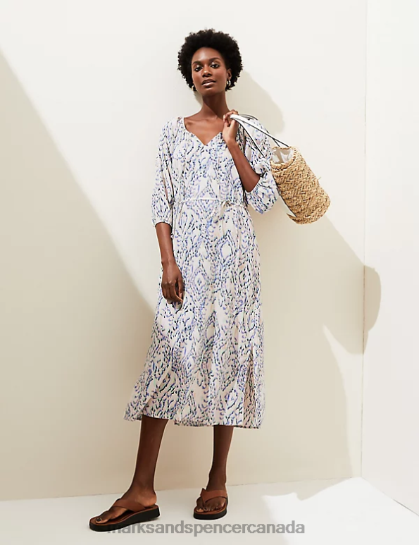 Marks and Spencer near me - Women Multi Clothing Marks & Spencer Linen Blend Printed Tie Neck Midi Dress 20VTD1447