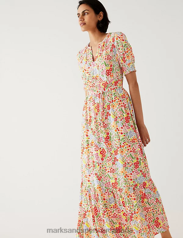 Women Multi Clothing Marks & Spencer Printed Round Neck Midaxi Waisted Dress 20VTD732 - Marks and Spencer Canada locations