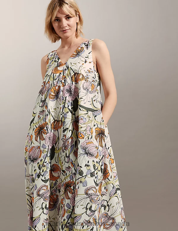 Women Multi Clothing Marks & Spencer Pure Cotton Floral V-Neck Midi Shift Dress 20VTD1071 - Marks and Spencer Canada locations