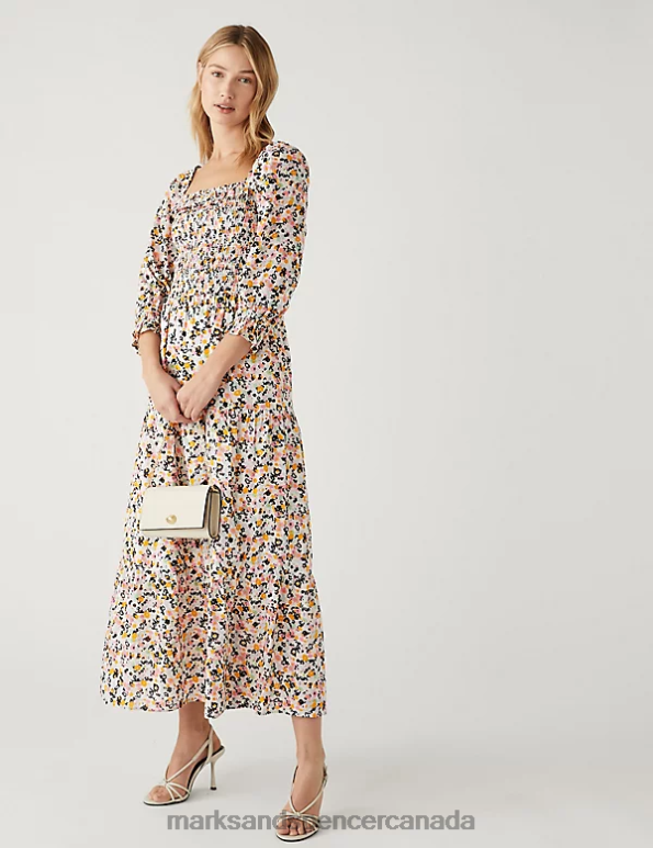 Marks and Spencer near me - Women Multi Clothing Marks & Spencer Pure Cotton Printed Shirred Midaxi Dress 20VTD1623