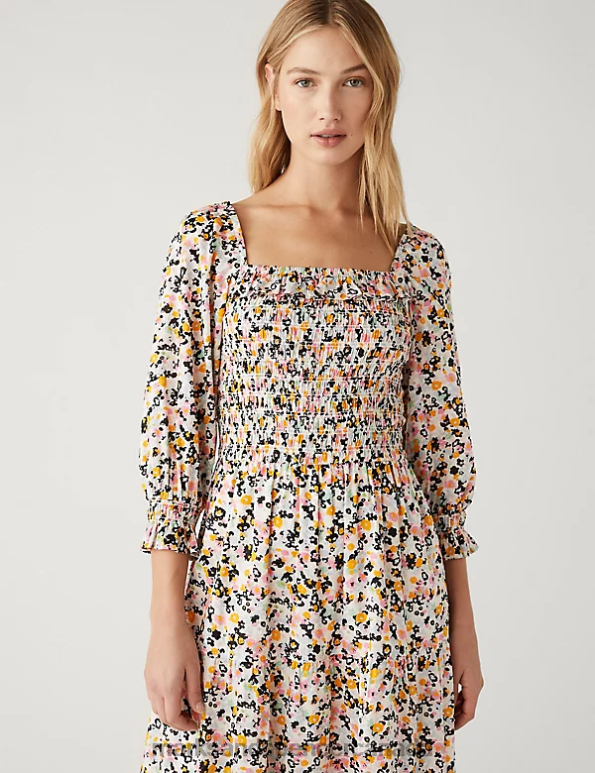 Marks and Spencer near me - Women Multi Clothing Marks & Spencer Pure Cotton Printed Shirred Midaxi Dress 20VTD1623