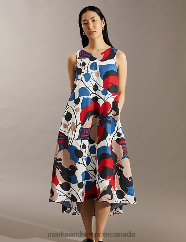 Marks and Spencer sale - Women Multi Clothing Marks & Spencer Pure Linen Floral V-Neck Midi Column Dress 20VTD504