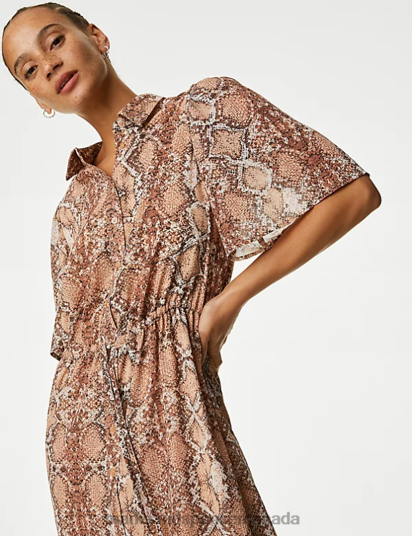 Women Natural Mix Clothing Marks & Spencer Snake Print Midi Shirt Dress 20VTD544 - Marks and Spencer outlet