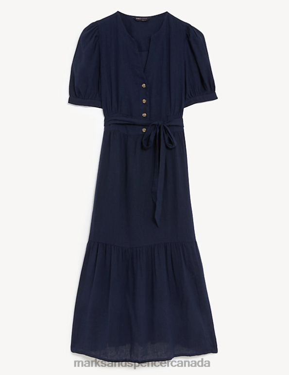 Marks and Spencer Canada - Women Navy Clothing Marks & Spencer Linen Blend V-Neck Tie Waist Midi Tea Dress 20VTD1446