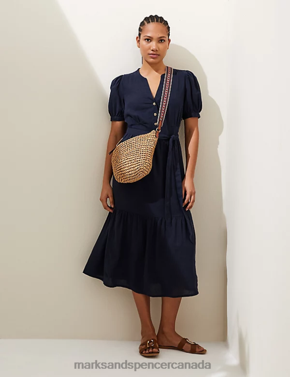 Marks and Spencer Canada - Women Navy Clothing Marks & Spencer Linen Blend V-Neck Tie Waist Midi Tea Dress 20VTD1446