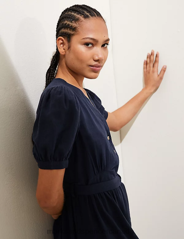 Marks and Spencer Canada - Women Navy Clothing Marks & Spencer Linen Blend V-Neck Tie Waist Midi Tea Dress 20VTD1446