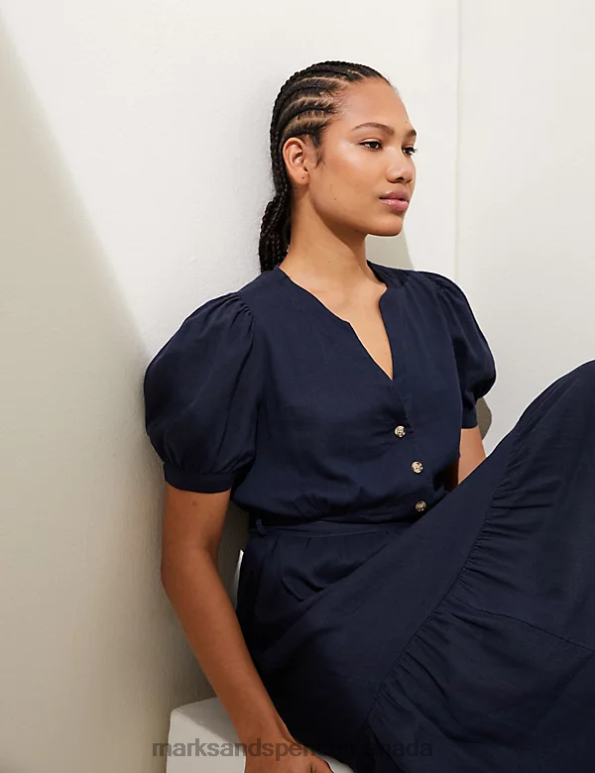 Marks and Spencer Canada - Women Navy Clothing Marks & Spencer Linen Blend V-Neck Tie Waist Midi Tea Dress 20VTD1446