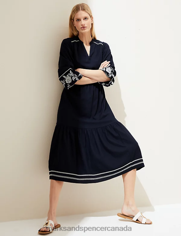 Marks and Spencer near me - Women Navy Clothing Marks & Spencer Linen Rich Embroidered V-Neck Midi Dress 20VTD335
