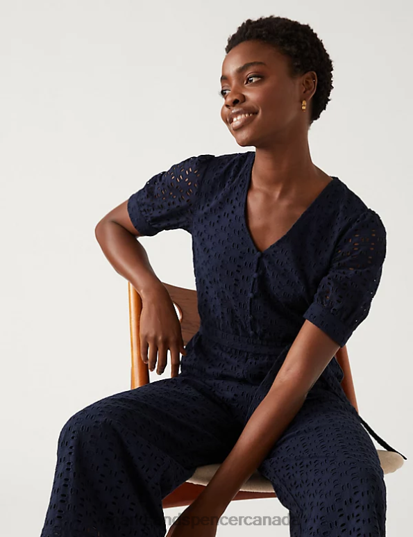 Marks and Spencer Canada - Women Navy Clothing Marks & Spencer Pure Cotton Broderie Cropped Jumpsuit 20VTD1853
