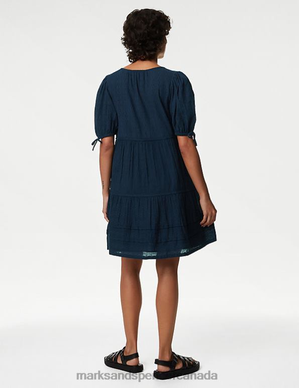 Women Navy Clothing Marks & Spencer Pure Cotton V-Neck Mini Tiered Dress 20VTD1990 - Marks and Spencer outlet