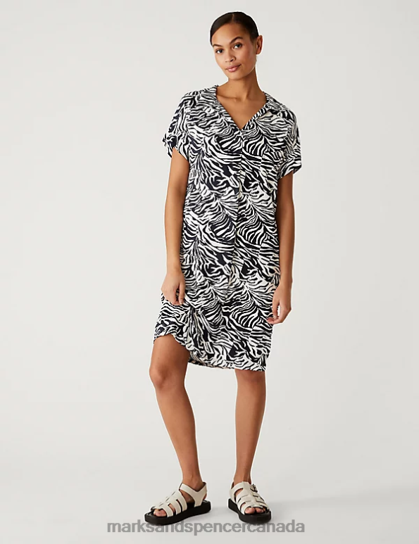 Women Navy Mix Clothing Marks & Spencer Animal Print V-Neck Knee Length Shift Dress 20VTD2189 - Marks and Spencer online