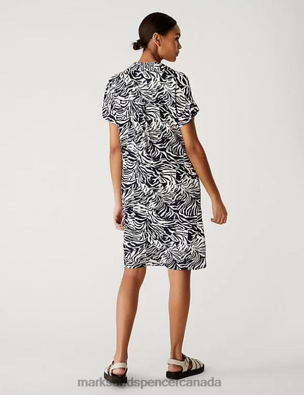 Women Navy Mix Clothing Marks & Spencer Animal Print V-Neck Knee Length Shift Dress 20VTD2189 - Marks and Spencer online