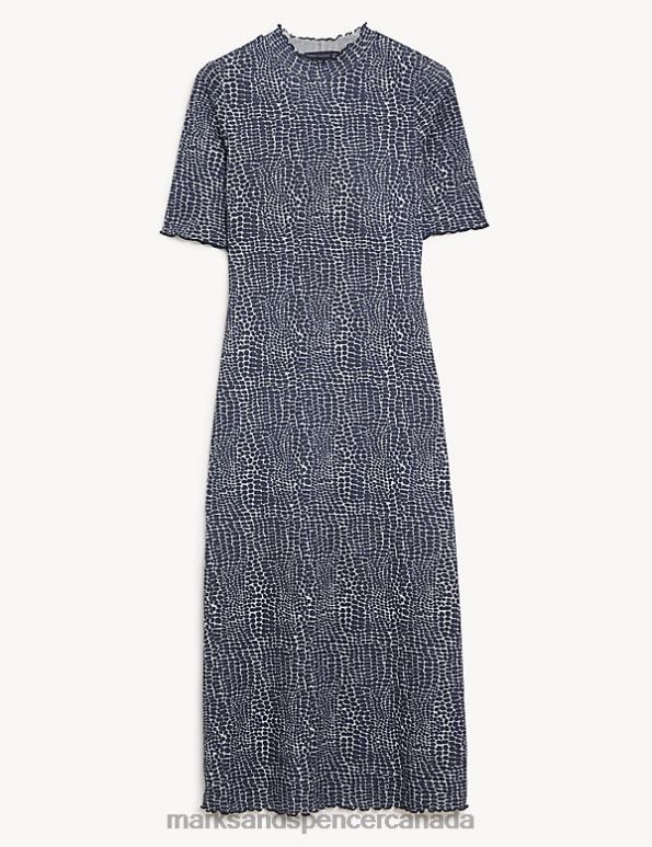 Marks and Spencer sale - Women Navy Mix Clothing Marks & Spencer Jersey Printed Ribbed Midi Column Dress 20VTD1860