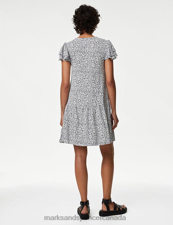Marks and Spencer Canada - Women Navy Mix Clothing Marks & Spencer Jersey Printed Tie Neck Mini Smock Dress 20VTD1658