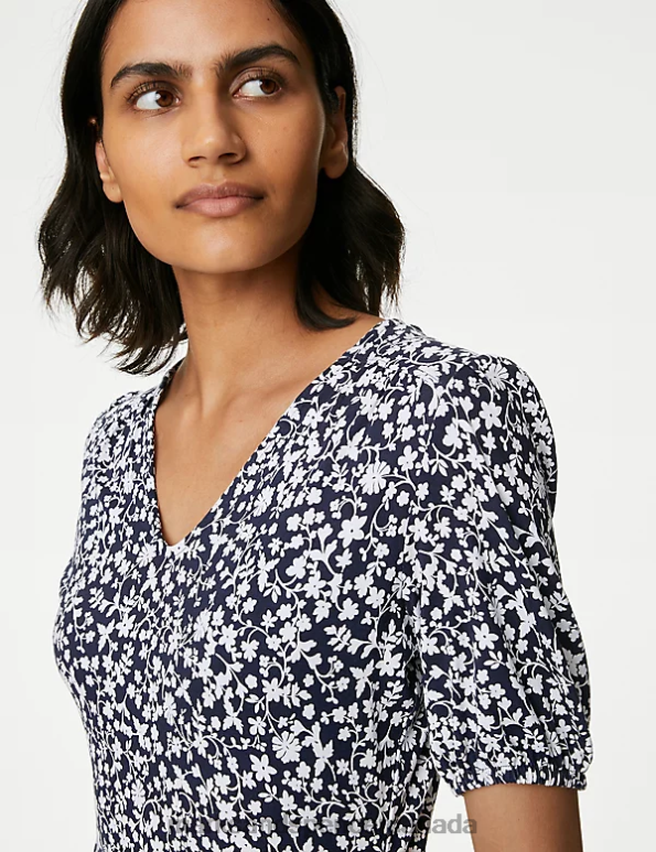 Women Navy Mix Clothing Marks & Spencer Jersey Printed V-Neck Belted Midi Tea Dress 20VTD48 - Marks and Spencer outlet