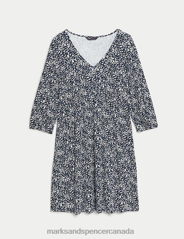 Marks and Spencer Canada - Women Navy Mix Clothing Marks & Spencer Jersey Printed V-Neck Mini Smock Dress 20VTD1969