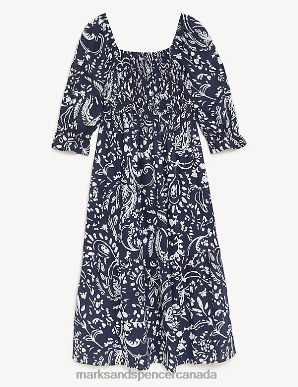 Marks and Spencer near me - Women Navy Mix Clothing Marks & Spencer Linen Blend Printed Square Neck Midi Dress 20VTD2566