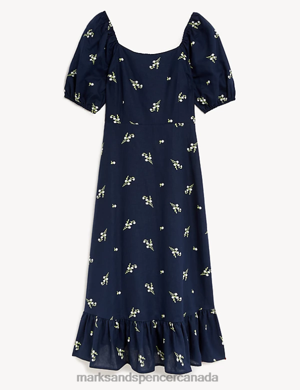 Women Navy Mix Clothing Marks & Spencer Linen Rich Floral Square Neck Midi Dress 20VTD2777 - Marks and Spencer outlet