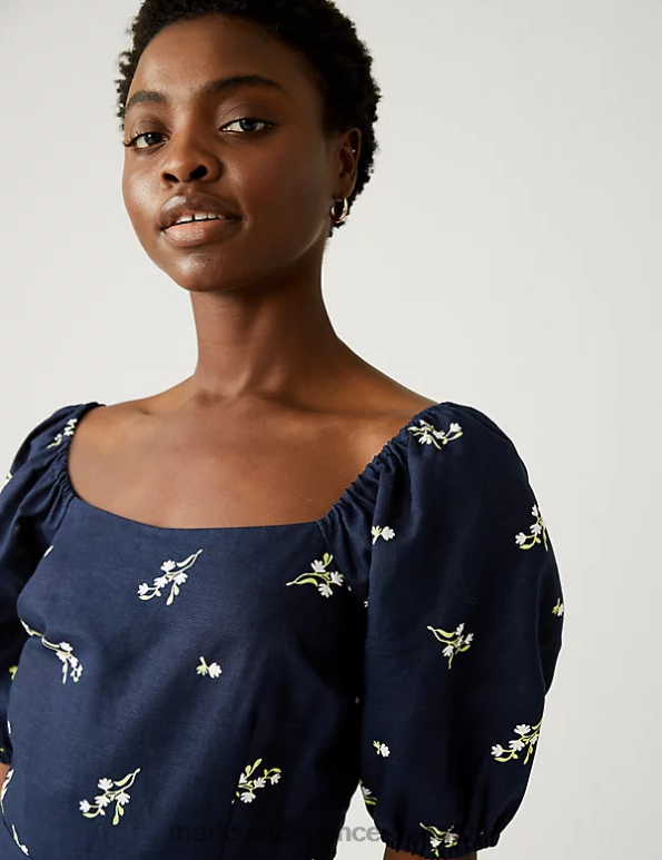 Women Navy Mix Clothing Marks & Spencer Linen Rich Floral Square Neck Midi Dress 20VTD2777 - Marks and Spencer outlet