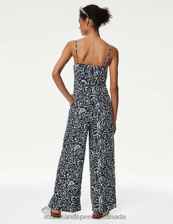 Women Navy Mix Clothing Marks & Spencer Linen Rich Printed Sleeveless Jumpsuit 20VTD2928 - Marks and Spencer Canada locations