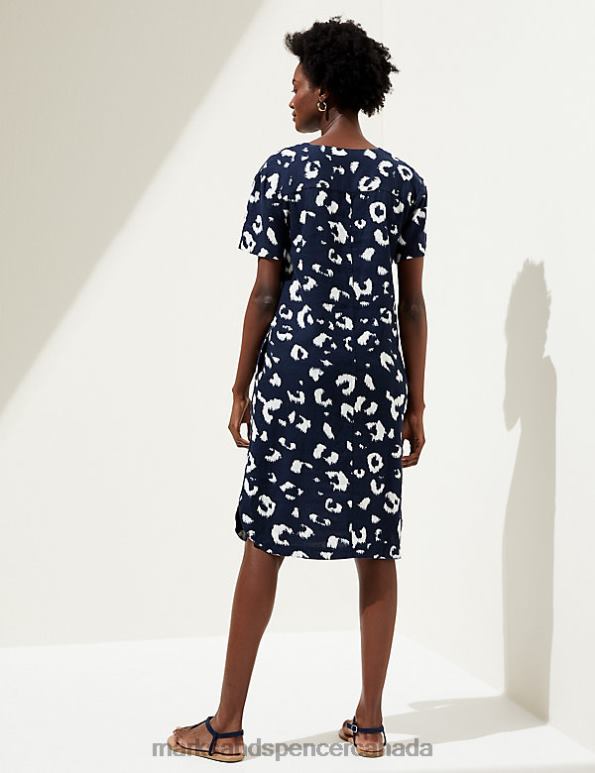 Women Navy Mix Clothing Marks & Spencer Linen Rich Printed V-Neck Midi Shift Dress 20VTD2466 - Marks and Spencer Canada locations