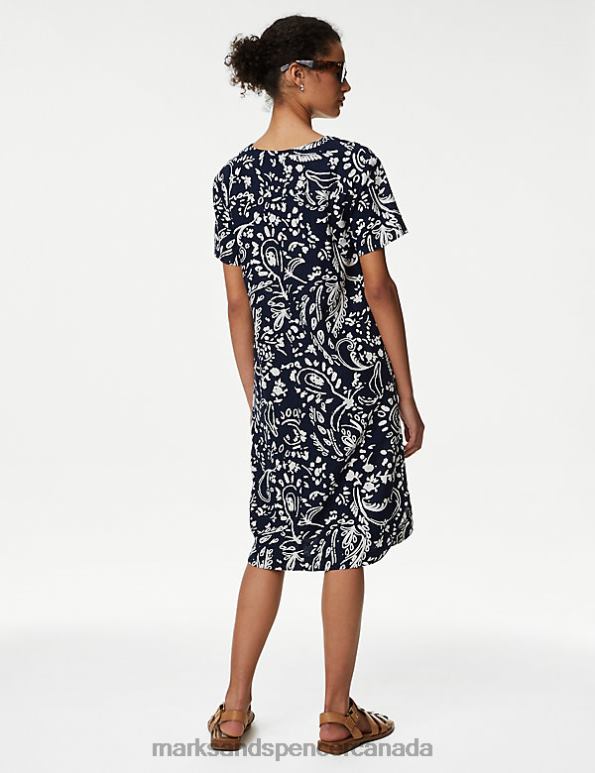 Marks and Spencer sale - Women Navy Mix Clothing Marks & Spencer Linen Rich Printed V-Neck Midi Shift Dress 20VTD676