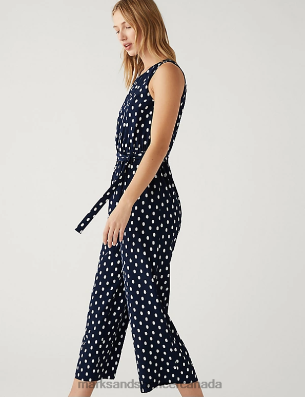 Marks and Spencer near me - Women Navy Mix Clothing Marks & Spencer Printed Belted Cropped Waisted Jumpsuit 20VTD2340