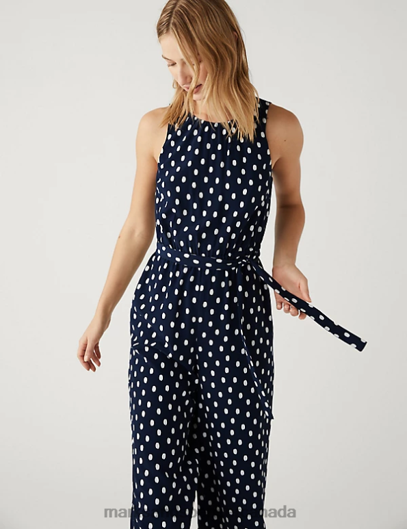 Marks and Spencer near me - Women Navy Mix Clothing Marks & Spencer Printed Belted Cropped Waisted Jumpsuit 20VTD2340