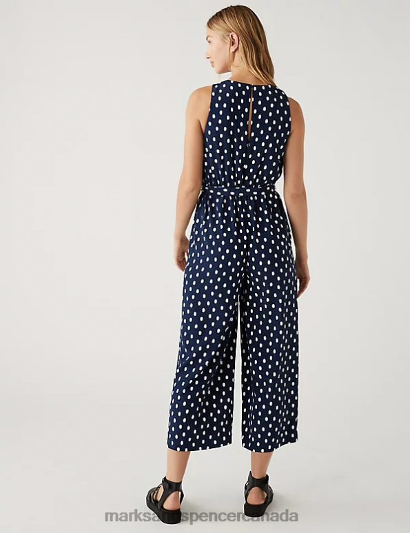 Marks and Spencer near me - Women Navy Mix Clothing Marks & Spencer Printed Belted Cropped Waisted Jumpsuit 20VTD2340