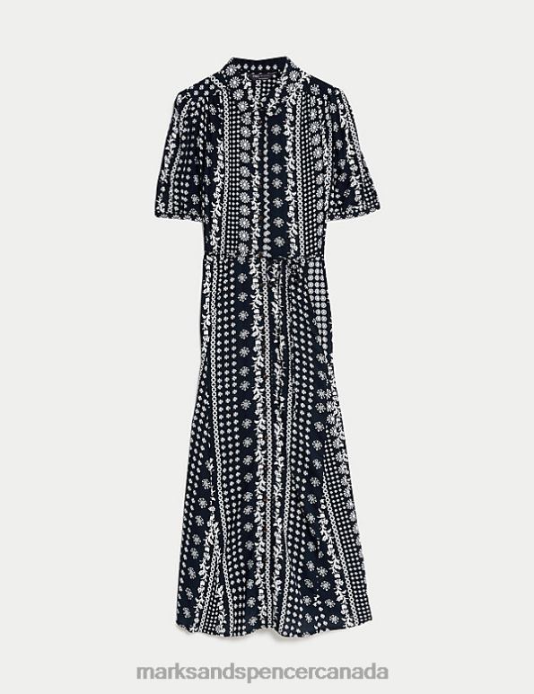 Women Navy Mix Clothing Marks & Spencer Printed Belted Midaxi Shirt Dress 20VTD330 - Marks and Spencer outlet