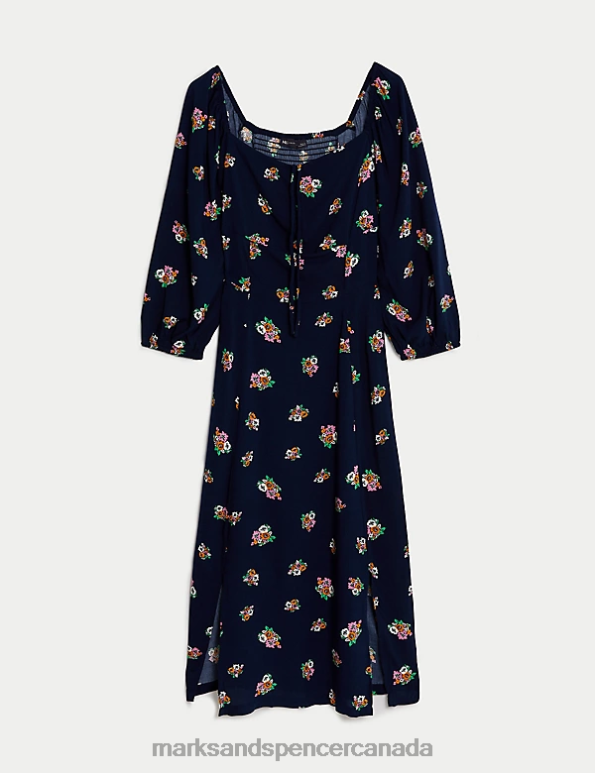 Women Navy Mix Clothing Marks & Spencer Printed Sweetheart Neckline Midi Tea Dress 20VTD1241 - Marks and Spencer outlet