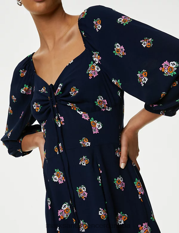 Women Navy Mix Clothing Marks & Spencer Printed Sweetheart Neckline Midi Tea Dress 20VTD1241 - Marks and Spencer outlet
