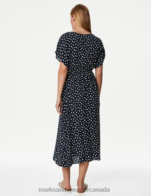 Marks and Spencer Canada - Women Navy Mix Clothing Marks & Spencer Printed V-Neck Midi Wrap Dress 20VTD239