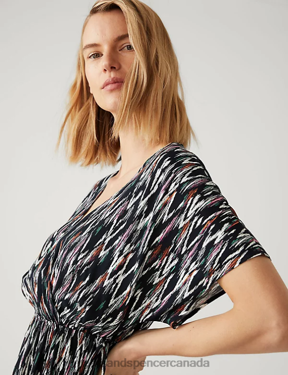 Women Navy Mix Clothing Marks & Spencer Printed V-Neck Mini Waisted Dress 20VTD3015 - Marks and Spencer Canada locations