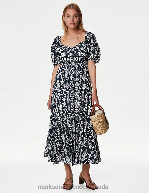 Women Navy Mix Clothing Marks & Spencer Pure Cotton Printed Maxi Tiered Dress 20VTD2190 - Marks and Spencer Canada locations