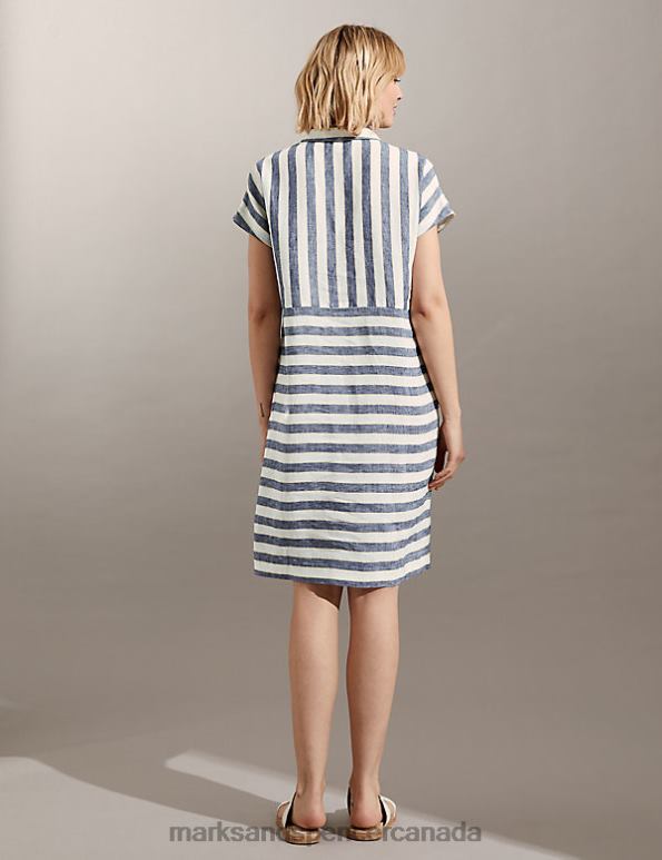 Marks and Spencer Canada - Women Navy Mix Clothing Marks & Spencer Pure Linen Striped Knee Length Shift Dress 20VTD1515
