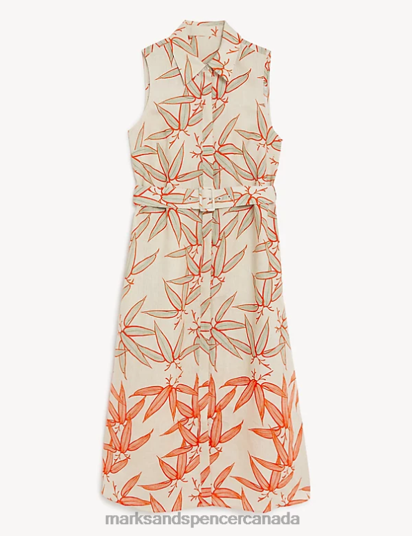 Marks and Spencer near me - Women Neutral Clothing Marks & Spencer Pure Linen Floral Midi Skater Dress 20VTD1199
