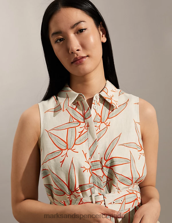 Marks and Spencer near me - Women Neutral Clothing Marks & Spencer Pure Linen Floral Midi Skater Dress 20VTD1199