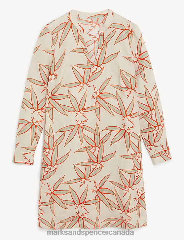 Women Neutral Clothing Marks & Spencer Pure Linen Floral V-Neck Knee Length Dress 20VTD1865 - Marks and Spencer Canada locations