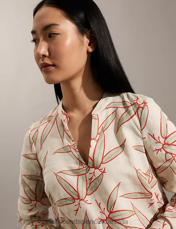 Women Neutral Clothing Marks & Spencer Pure Linen Floral V-Neck Knee Length Dress 20VTD1865 - Marks and Spencer Canada locations