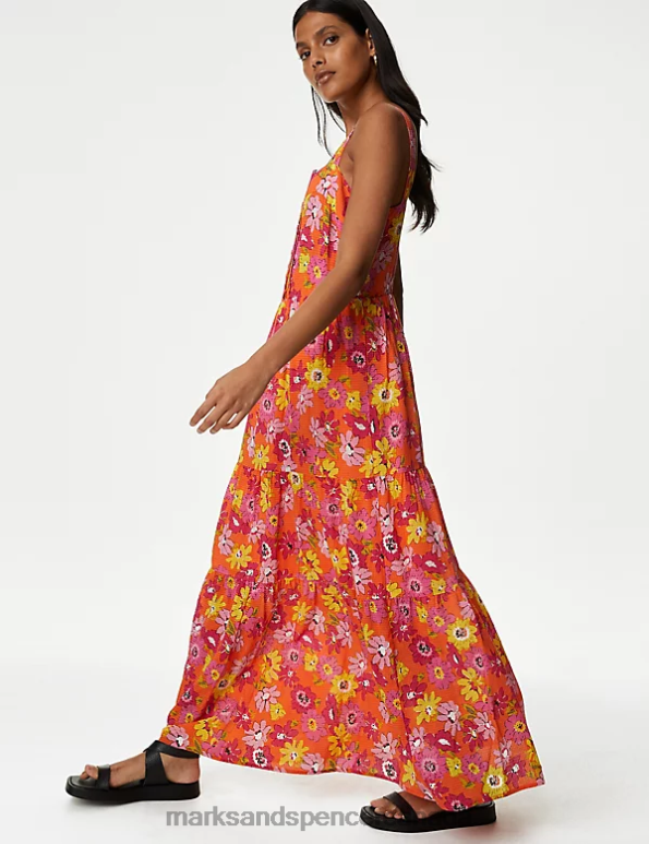 Women Orange Mix Clothing Marks & Spencer Cotton Blend Printed Maxi Tiered Dress 20VTD327 - Marks and Spencer online