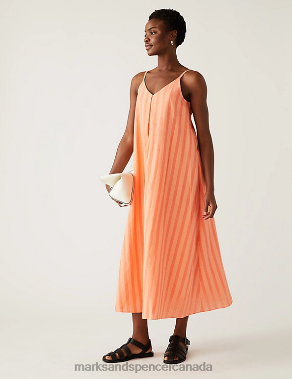 Women Orange Mix Clothing Marks & Spencer Linen Rich V-Neck Midi Slip Dress 20VTD598 - Marks and Spencer online