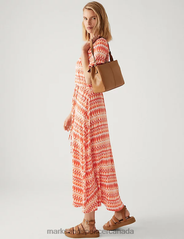 Women Orange Mix Clothing Marks & Spencer Printed Belted Midi Shirt Dress 20VTD1985 - Marks and Spencer Canada locations