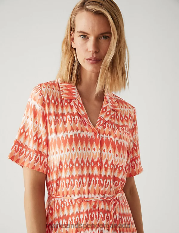 Women Orange Mix Clothing Marks & Spencer Printed Belted Midi Shirt Dress 20VTD1985 - Marks and Spencer Canada locations