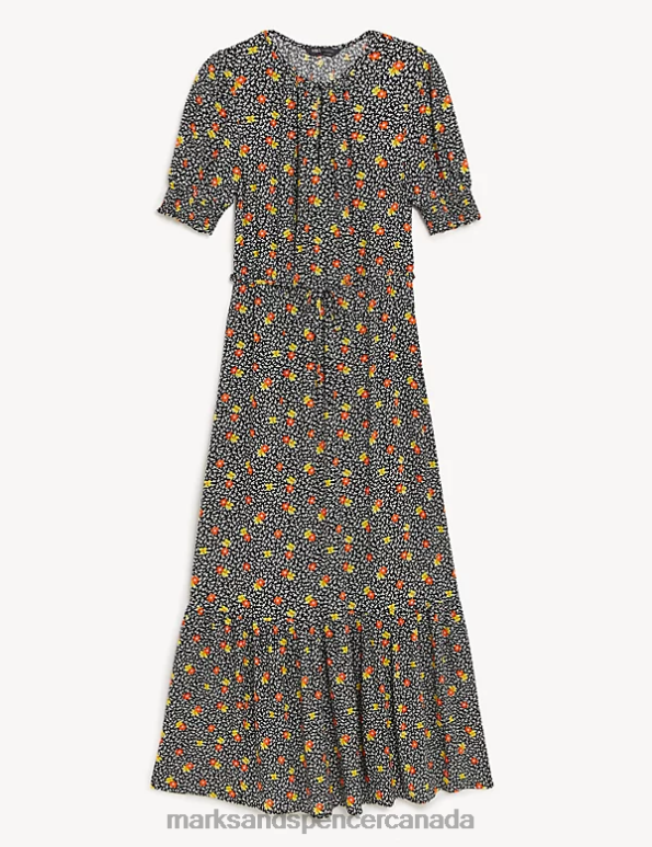 Marks and Spencer near me - Women Orange Mix Clothing Marks & Spencer Printed Round Neck Midaxi Waisted Dress 20VTD1128