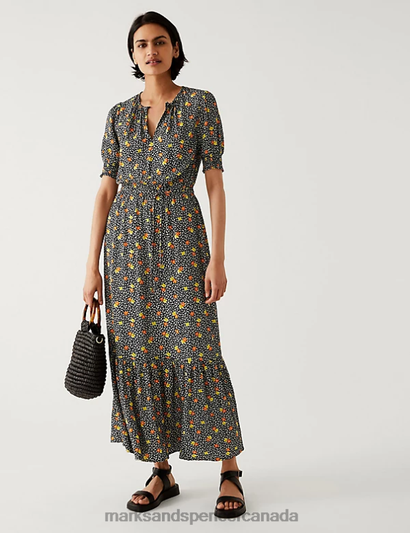 Marks and Spencer near me - Women Orange Mix Clothing Marks & Spencer Printed Round Neck Midaxi Waisted Dress 20VTD1128