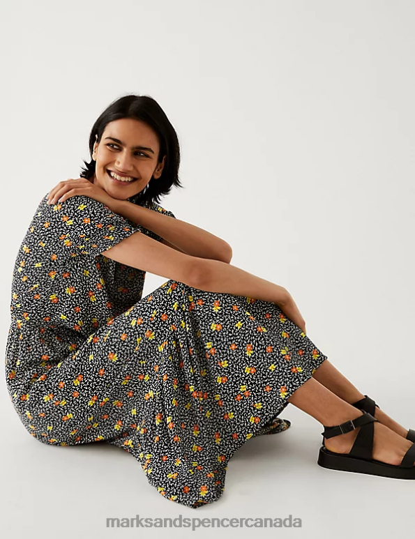 Marks and Spencer near me - Women Orange Mix Clothing Marks & Spencer Printed Round Neck Midaxi Waisted Dress 20VTD1128