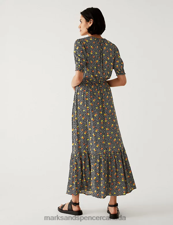 Marks and Spencer near me - Women Orange Mix Clothing Marks & Spencer Printed Round Neck Midaxi Waisted Dress 20VTD1128