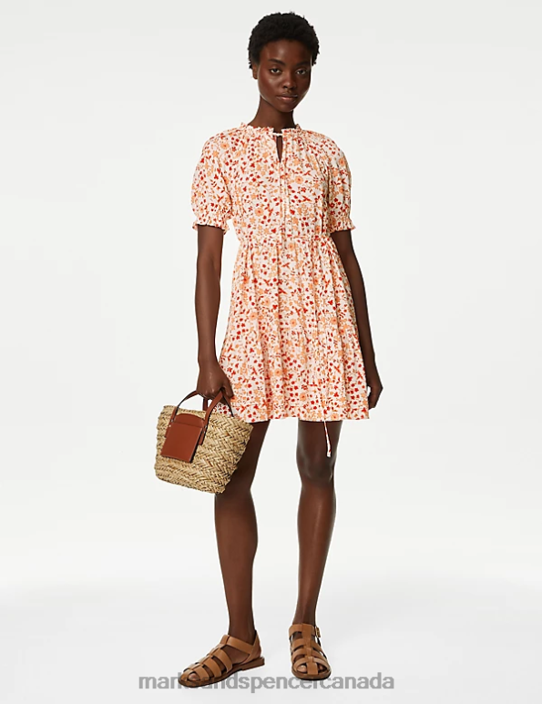 Marks and Spencer sale - Women Orange Mix Clothing Marks & Spencer Printed Tie Neck Mini Tiered Dress 20VTD3587
